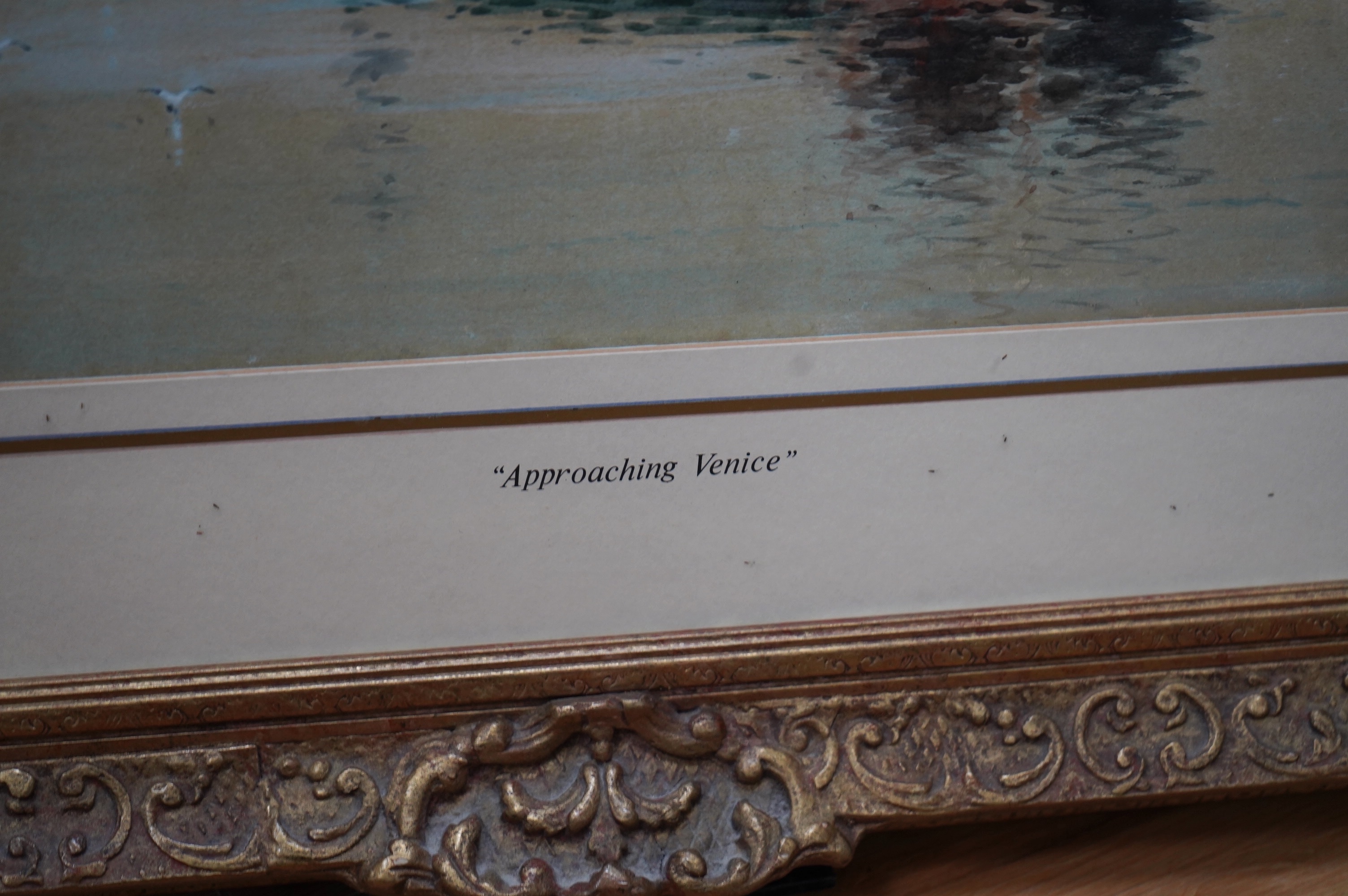 Sydney A. Mulholland (St Clair Augustin, 1839-1910), watercolour, ‘Approaching Venice’, 28 x 57cm, ornate gilt frame. Condition - fair, fading throughout